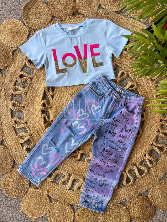 Calças corações e T-shirt Cropped Love (artigos comprados individualmente)