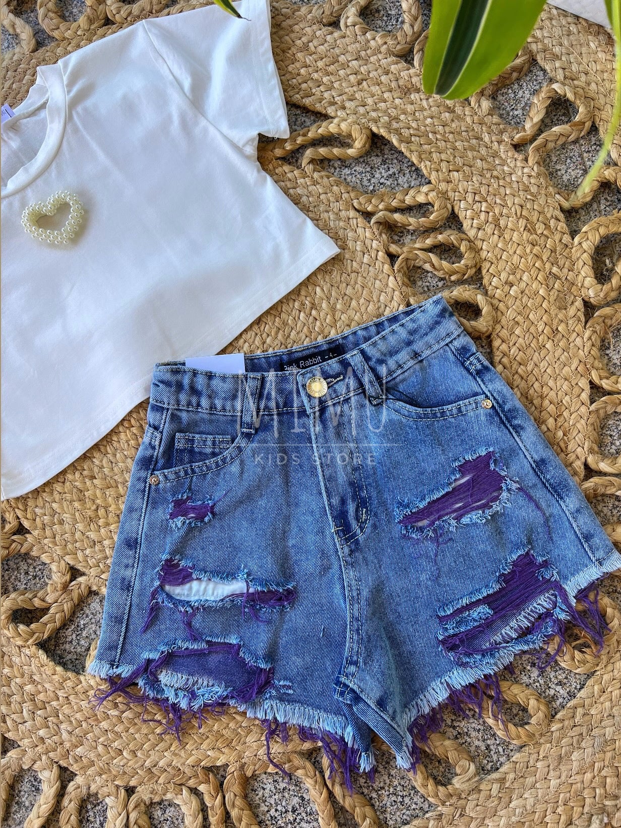 Shorts with rips and Cropped heart T-shirt (items purchased individually)