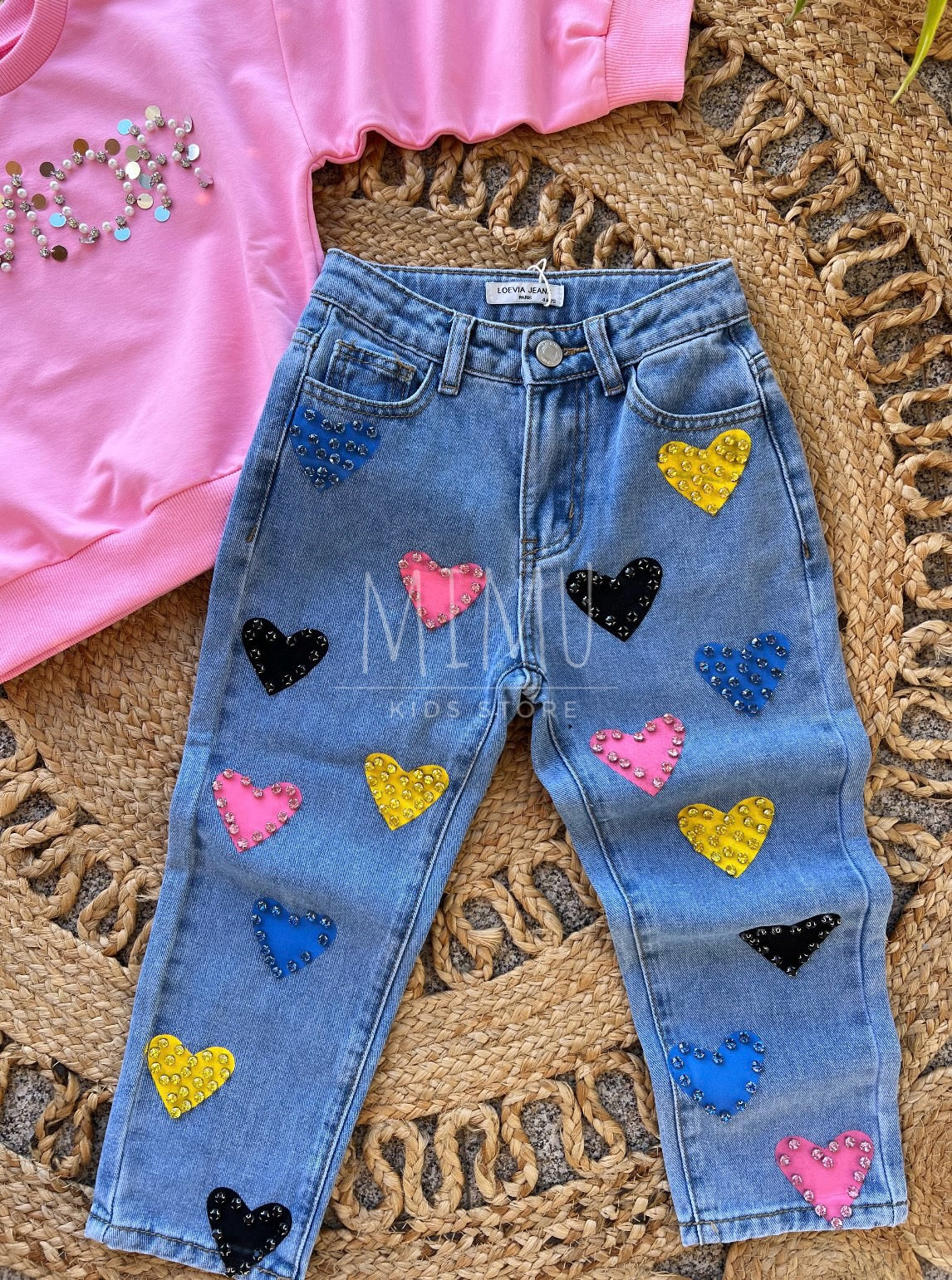 Heart-shaped pants and sweater (items purchased individually)