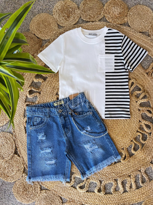 Calções ganga e T-shirt listrada com bolso (artigos comprados individualmente)