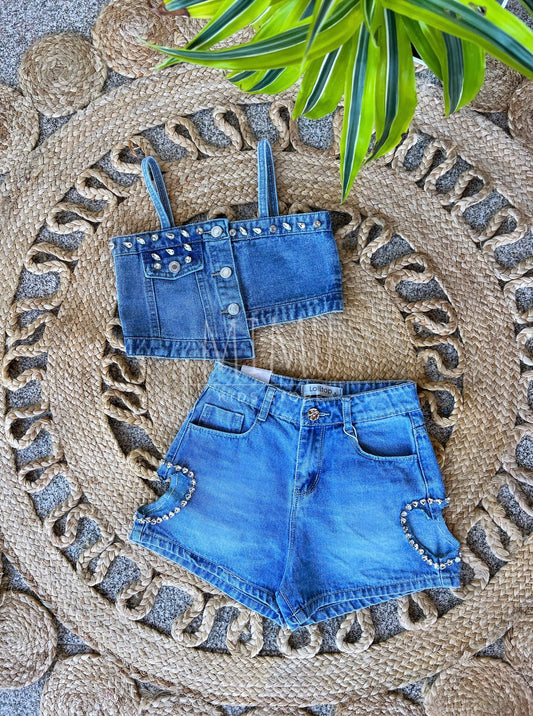 Denim shorts and denim top (items purchased individually)