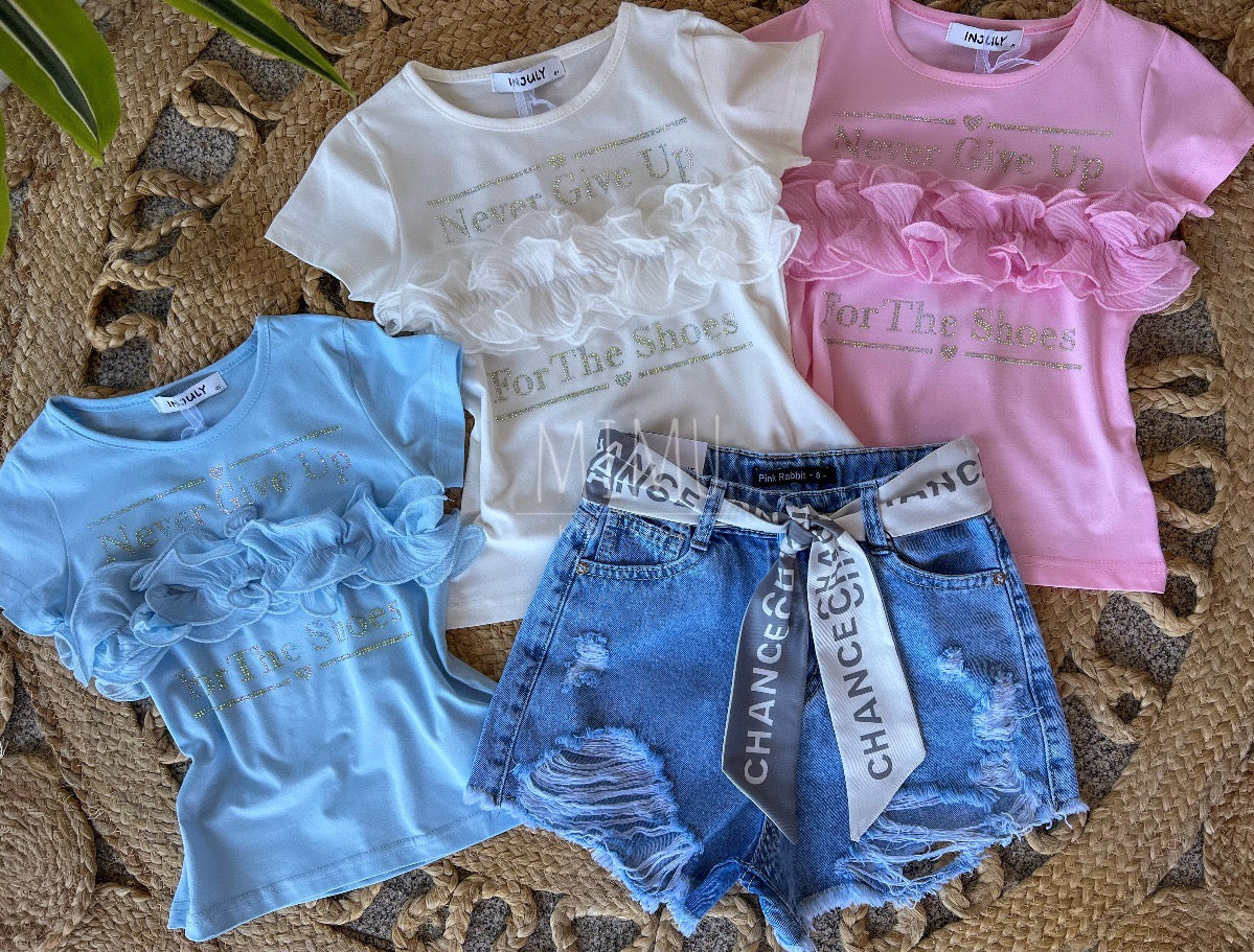 Shorts and ruffled T-shirt (items purchased individually)