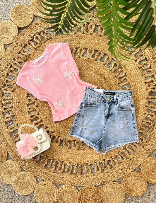 Shorts and top with bows (items purchased individually)
