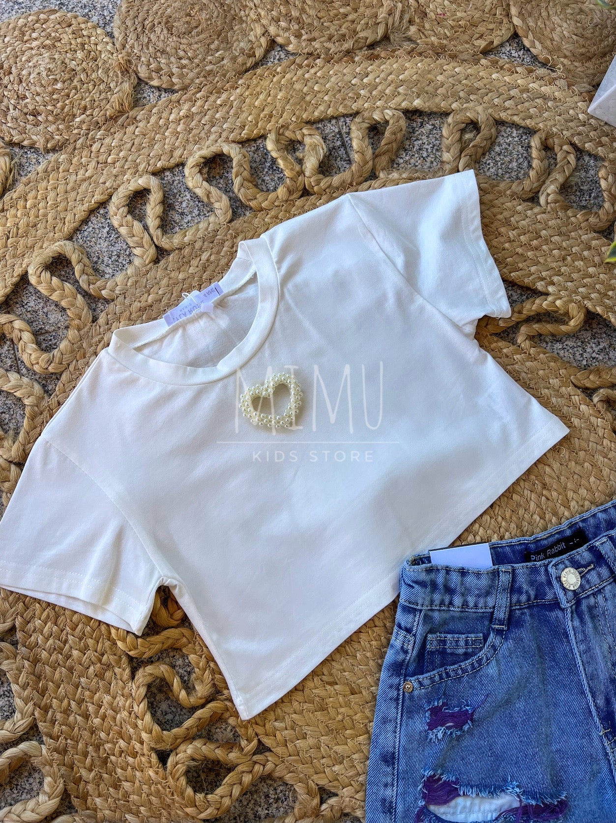 Shorts with rips and Cropped heart T-shirt (items purchased individually)
