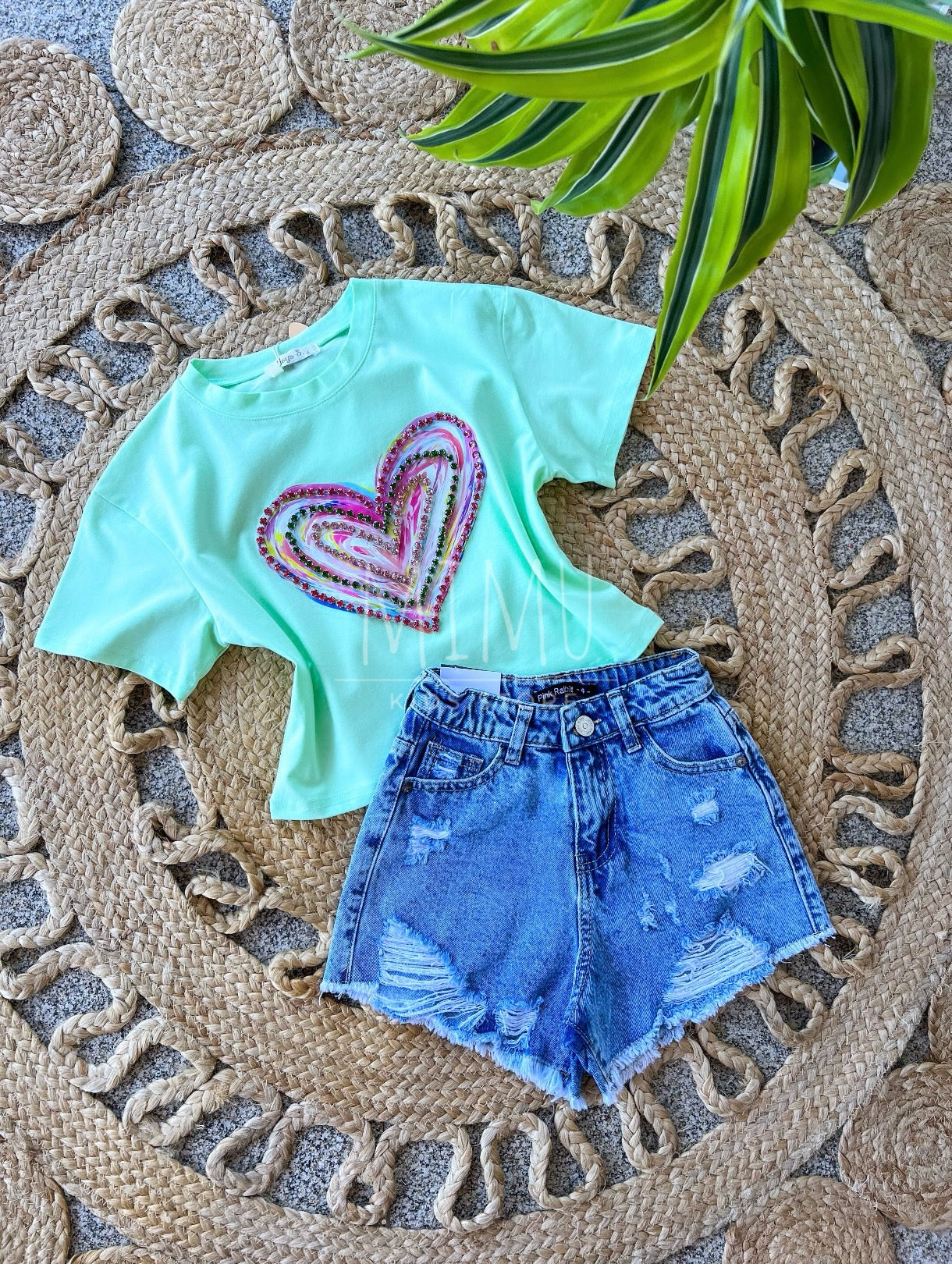 Denim shorts and cropped T-shirt (items purchased individually)