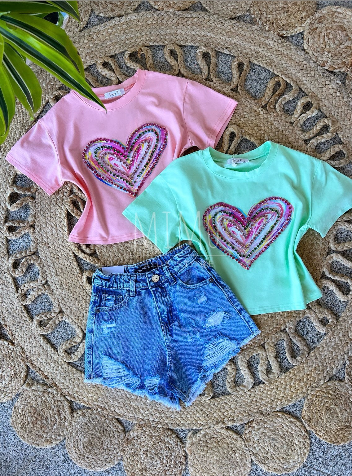 Denim shorts and cropped T-shirt (items purchased individually)