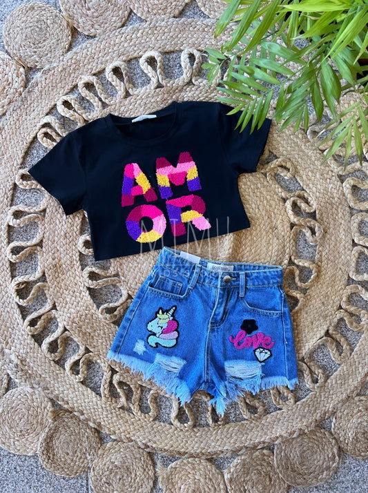Unicorn shorts and Cropped Amor T-shirt (items purchased individually)