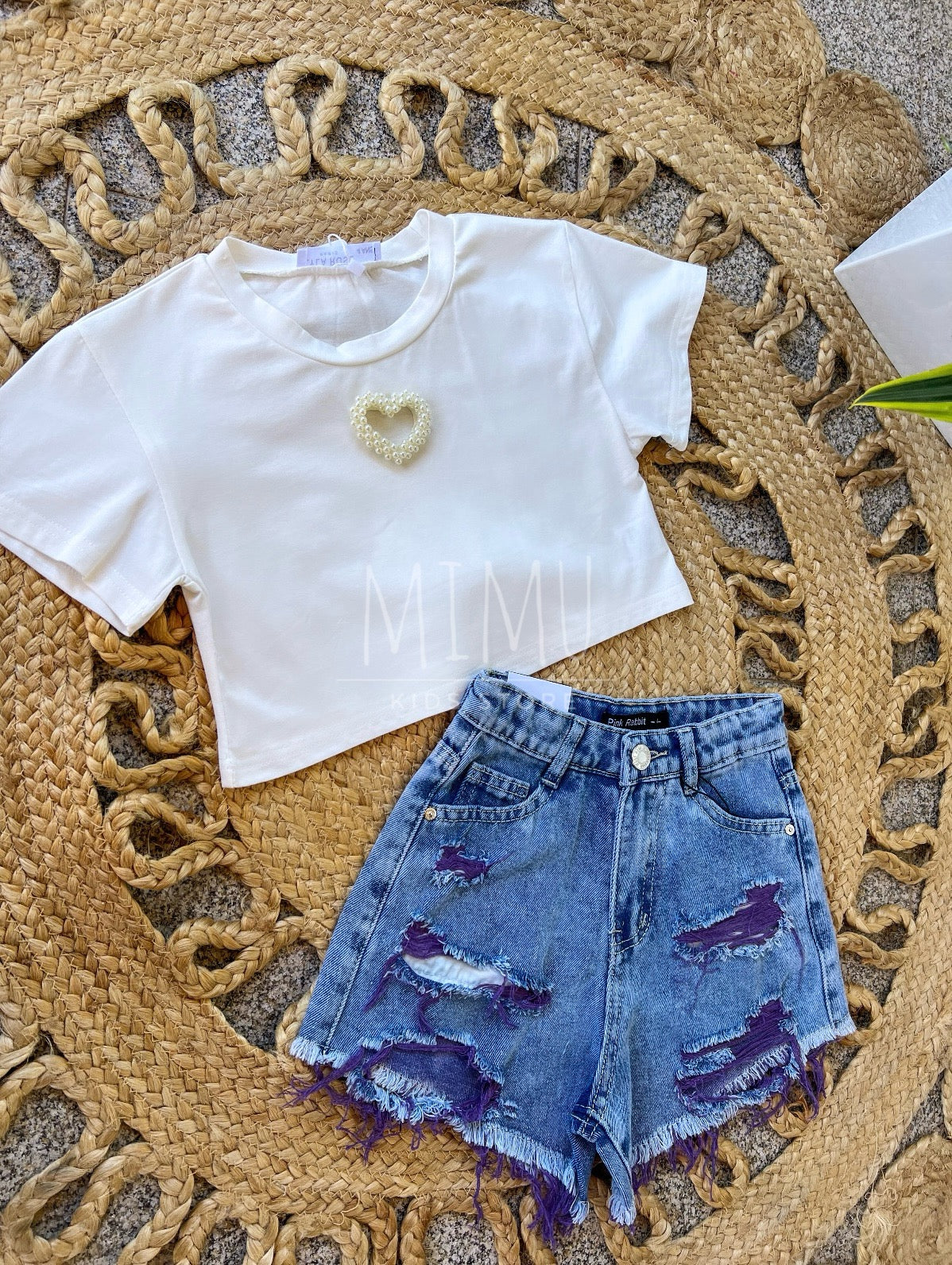 Shorts with rips and Cropped heart T-shirt (items purchased individually)
