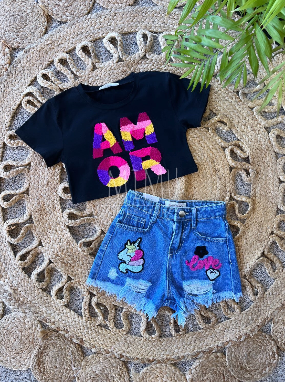 Unicorn shorts and Cropped Amor T-shirt (items purchased individually)