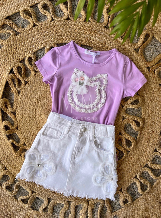 Flower Skirt with Gatinho T-shirt (items purchased individually)
