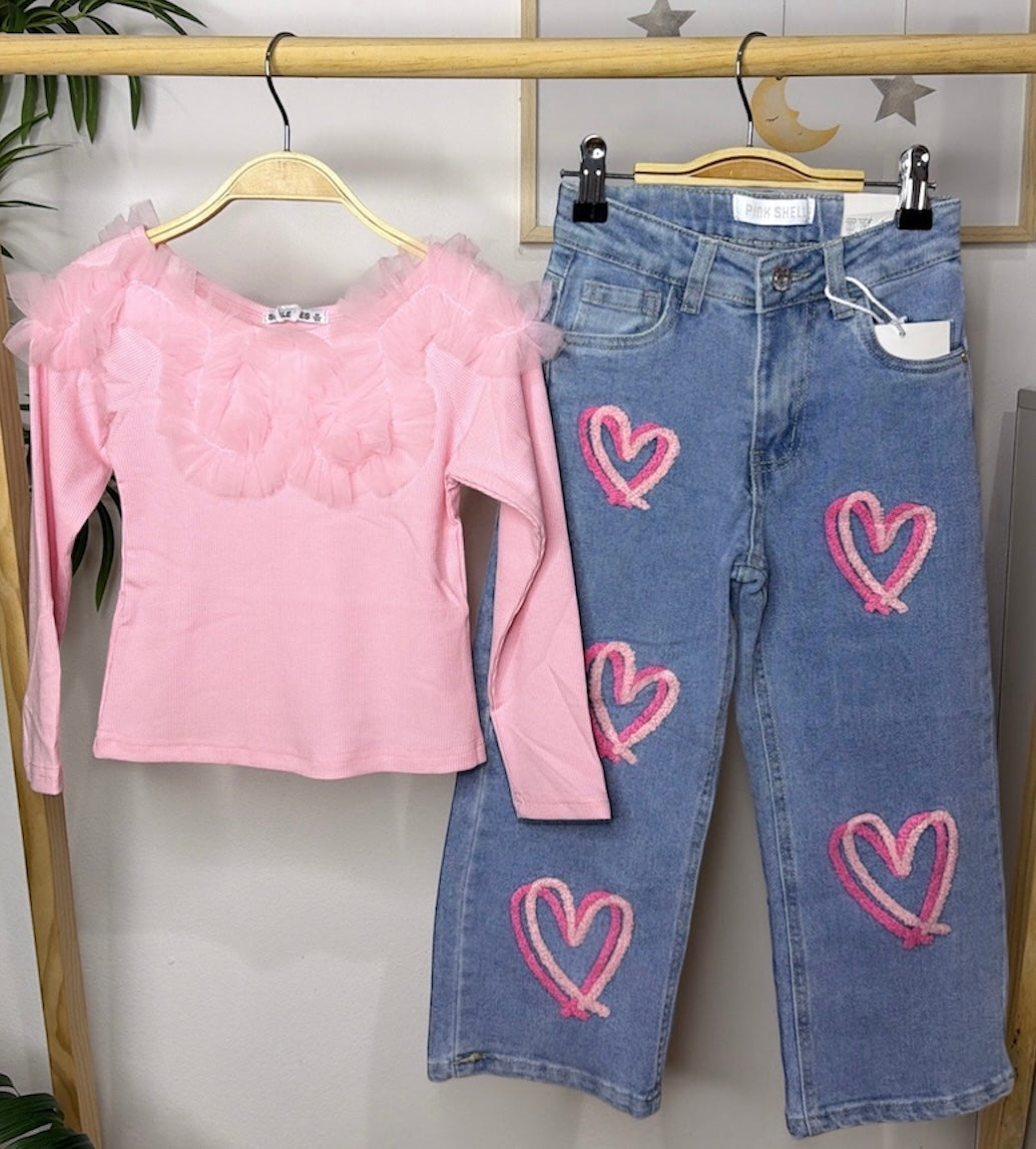 Calças corações e camisola canelada (artigos comprados individualmente)