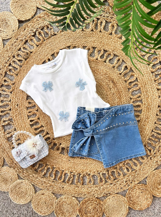 Skirt, shorts and top with bows (items purchased individually)