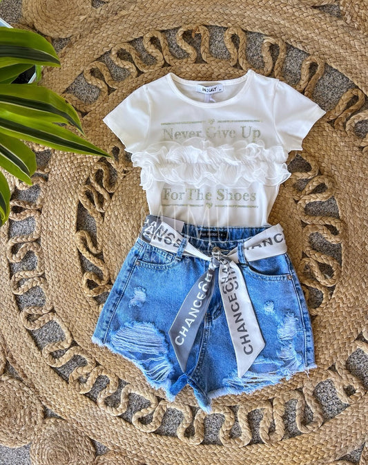 Shorts and ruffled T-shirt (items purchased individually)