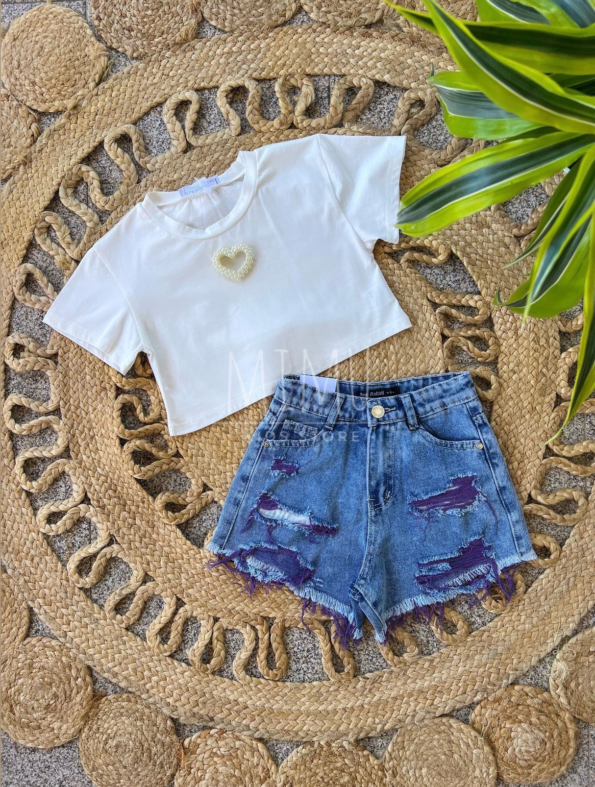 Shorts with rips and Cropped heart T-shirt (items purchased individually)
