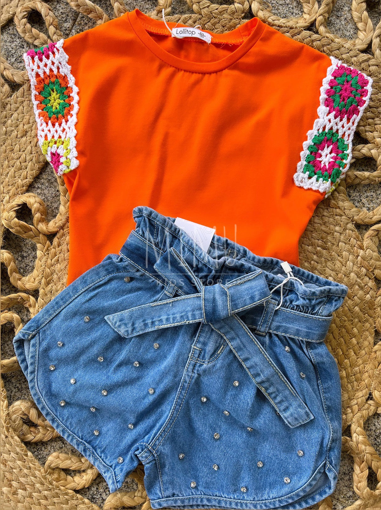 Shorts with T-shirt with crochet sleeves (items purchased individually)