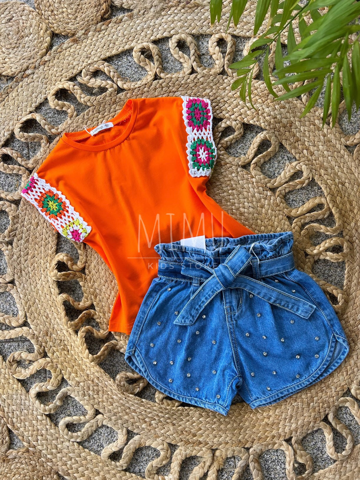 Shorts with T-shirt with crochet sleeves (items purchased individually)