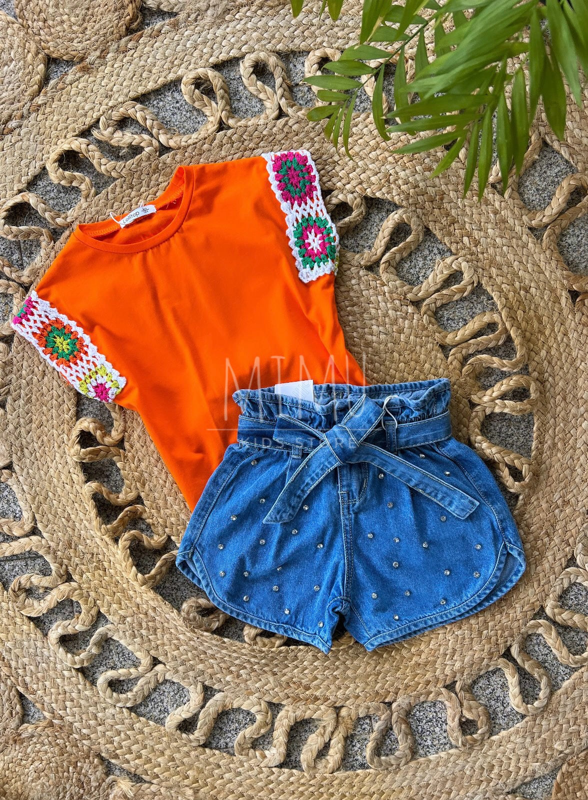 Shorts with T-shirt with crochet sleeves (items purchased individually)